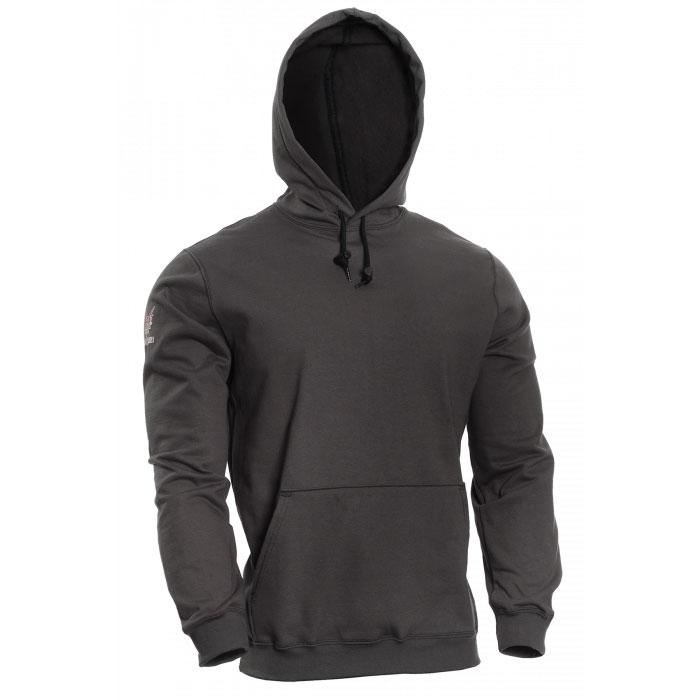 The NSA DRIFIRE FR Hoodie 14 oz Grey Fleece SWS3G is displayed against a plain white background. This grey flame-resistant hoodie from NSA features a front pocket, drawstrings, long sleeves, and a relaxed fit while offering arc flash protection in a simple, casual design.