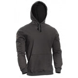 The NSA DRIFIRE FR Hoodie 14 oz Grey Fleece SWS3G is displayed against a plain white background. This grey flame-resistant hoodie from NSA features a front pocket, drawstrings, long sleeves, and a relaxed fit while offering arc flash protection in a simple, casual design.