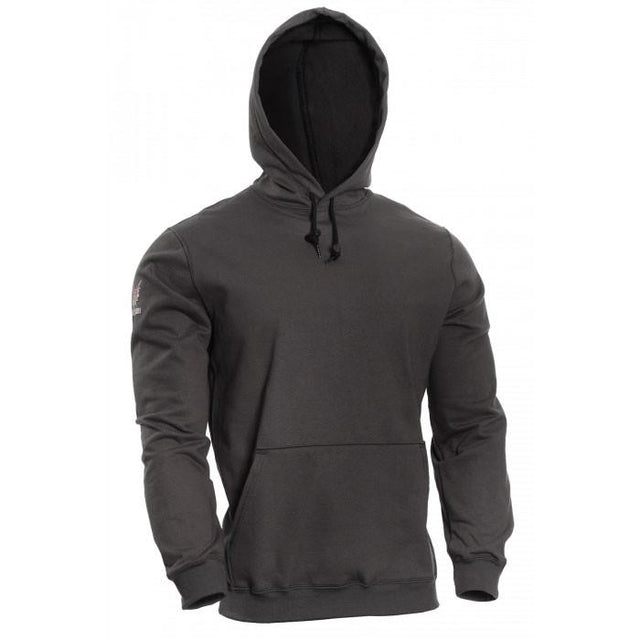 A grey NSA DRIFIRE FR Hoodie 14 oz fleece with long sleeves and a front pocket, presented against a white background.