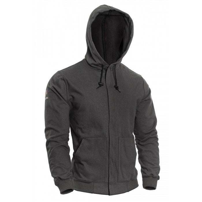 Introducing the NSA DRIFIRE FR Zip Hoodie Grey SWS3GZ, featuring a plain dark gray design with a hood string and two front pockets. Displayed on an invisible mannequin, this hoodie highlights its relaxed fit and casual style while providing important flame-resistant protection.