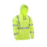 The NSA DRIFIRE FR Hi-Vis Pullover Sweatshirt SWSHEC3 is a vibrant yellow hoodie featuring reflective silver stripes on the chest, arms, and back. This flame-resistant garment has an impressive arc rating of 19 cal/cm² and includes a front pocket and drawstring hood for enhanced functionality.