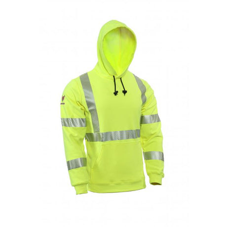 The NSA DRIFIRE FR Hi-Vis Pullover Sweatshirt SWSHEC3 is a vibrant yellow hoodie featuring reflective silver stripes on the chest, arms, and back. This flame-resistant garment has an impressive arc rating of 19 cal/cm² and includes a front pocket and drawstring hood for enhanced functionality.