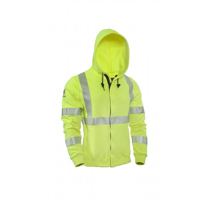 The NSA DRIFIRE FR Hi-Vis Zip Hoodie SWSHEZC3 is a high-visibility, neon yellow sweatshirt that features reflective silver stripes across the chest, back, and sleeves. This flame-resistant hoodie is equipped with a front zipper and is specifically designed to ensure safety and visibility in low-light conditions.