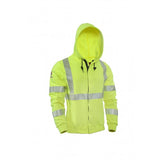 The NSA DRIFIRE FR Hi-Vis Zip Hoodie SWSHEZC3 is a high-visibility, neon yellow sweatshirt that features reflective silver stripes across the chest, back, and sleeves. This flame-resistant hoodie is equipped with a front zipper and is specifically designed to ensure safety and visibility in low-light conditions.