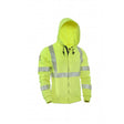 Introducing the NSA DRIFIRE FR Hi-Vis Zip Hoodie SWSHEZC3, a vivid yellow hooded sweatshirt adorned with reflective silver stripes on the chest, arms, and waist to ensure visibility and safety. This flame-resistant hoodie from NSA comes equipped with a front zipper and adjustable drawstrings on the hood for added practicality.