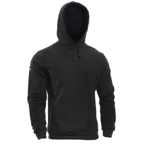 A plain navy NSA DRIFIRE FR pullover hoodie features a front pocket and drawstring hood. The fabric appears soft and comfortable, with long sleeves and a relaxed fit. Subtle branding is visible on one sleeve, ensuring both style and flame-resistant safety.