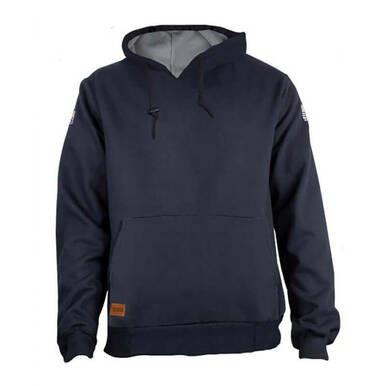 A plain, dark gray NSA TECGEN FR Lined Pullover Hoodie (SWSI22G-_ _) with a front pocket and adjustable drawstrings is laid flat against a white background, showcasing its essential fire-retardant properties.