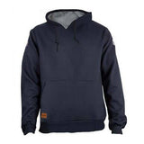 Introducing the NSA TECGEN FR Lined Pullover Hoodie SWSI22G, a navy blue, fire-retardant hoodie offering Arc Rated 39 cal/cm² protection. This stylish piece features a front pocket, adjustable drawstrings, a subtle logo on the left sleeve, and a small brown tag at the hem—effortlessly blending safety with classic style.