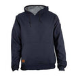 The NSA TECGEN FR Lined Pullover Hoodie SWSI22G from NSA is a black hooded sweatshirt designed with flame-resistant features and an impressive arc rating of 39 cal/cm² for optimal protection. It includes a convenient kangaroo pocket, adjustable drawstrings, and a contrasting light gray interior in the hood. The hoodie also sports a small brown label near the hem for added detail, complementing its relaxed fit and long sleeves.