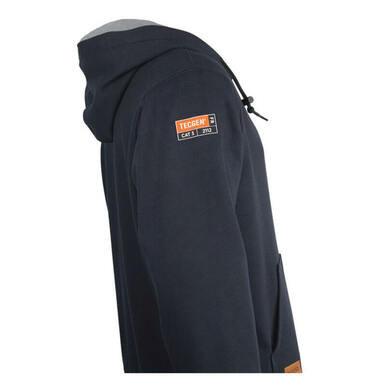 The side view of this dark blue hooded jacket, known as the NSA TECGEN FR Lined Pullover Hoodie SWSI22G-_ _, showcases a logo patch on the upper arm. It includes a drawstring hood and features a visible pocket. Its soft and comfortable texture is enhanced by fire-retardant fabric with an impressive arc rating of 39 cal/cm².