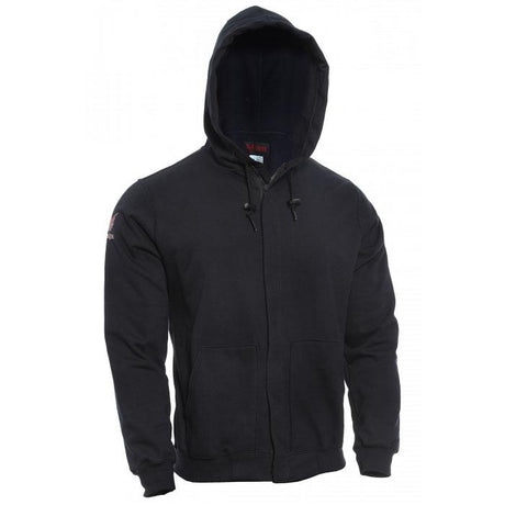 The NSA DRIFIRE FR Zip Front Hoodie SWSI2Z-_ _ is a black hoodie with a front zipper and drawstrings, designed to offer flame-resistant arc flash protection. It includes two side pockets and features a small emblem on the sleeve.