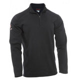 The NSA TECGEN FR Mock Zip Sweatshirt (SWSI3MZ-_ _) in black features a stylish quarter-zip front, understated stitching details, and a small emblem on the left sleeve. Crafted from flame-resistant materials by NSA, it ensures dependable arc flash protection while maintaining a fashionable look.