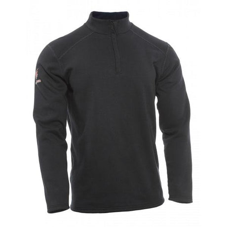 The NSA TECGEN FR Mock Zip Sweatshirt SWSI3MZ-_ _ in black is a long-sleeve fleece garment designed with arc flash protection. It features a short zipper at the collar and offers soft, warm fabric that is perfect for cold weather. Visible seams enhance the shoulders and arms, while a small logo decorates the sleeve.