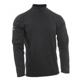 The NSA TECGEN FR Mock Zip Sweatshirt SWSI3MZ is a black long-sleeve fleece pullover with a quarter-zip and subtle embroidery on the left sleeve. Designed by NSA for comfort, this flame-resistant sweatshirt appears soft and warm, making it ideal for added safety. It is displayed against a plain white background.