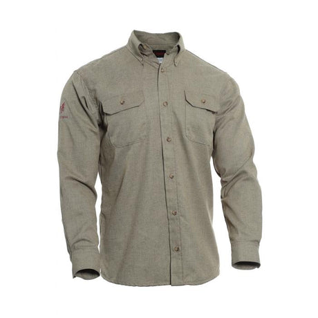 The NSA 8 Cal DRIFIRE FR TECGEN Select Work Shirt TCG01_ _02 is a long-sleeved, khaki shirt equipped with two chest pockets and buttoned cuffs. It features a subtle logo on the left sleeve and incorporates moisture-wicking technology for all-day comfort.