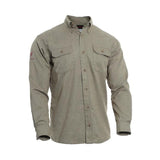 The NSA 8 Cal DRIFIRE FR TECGEN Select Work Shirt TCG01_ _02 is a long-sleeved button-up shirt in olive green, featuring two chest pockets with buttoned flaps. A red embroidered logo adorns the left sleeve. Designed as an FR work shirt, it includes a structured collar and is showcased against a white background.