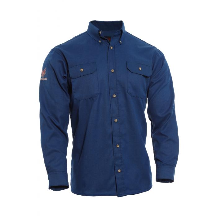 The NSA 8 Cal DRIFIRE FR TECGEN Select Work Shirt TCG01_ _02, featuring a relaxed fit in blue with long sleeves, is ideal for any setting. It incorporates moisture-wicking technology to ensure comfort throughout the day and includes two chest pockets along with stylish button details on the collar and sleeves.