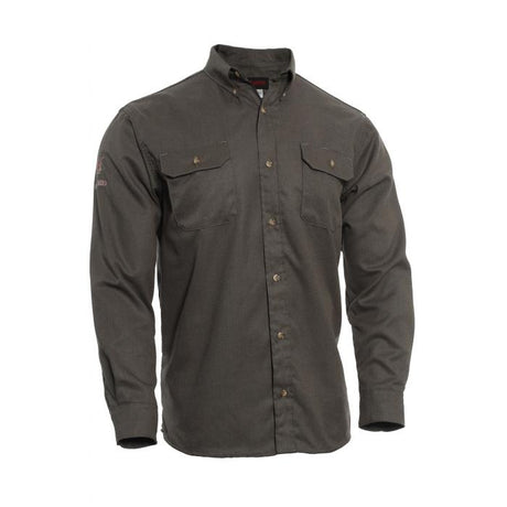 The NSA 8 Cal DRIFIRE FR TECGEN Select Work Shirt TCG01_ _02, in a dark green color, features long sleeves and a button-up design. It includes a collar and two chest pockets with buttoned flaps. Enhanced with moisture-wicking technology, this flame-resistant shirt is displayed against a white background.