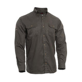 The NSA 8 Cal DRIFIRE FR TECGEN Select Work Shirt TCG01_ _02, in a khaki green color, showcases its outdoorsy yet casual style with long sleeves and two chest pockets with buttoned flaps. Displayed against a white background, this work shirt also offers arc flash protection for enhanced safety.