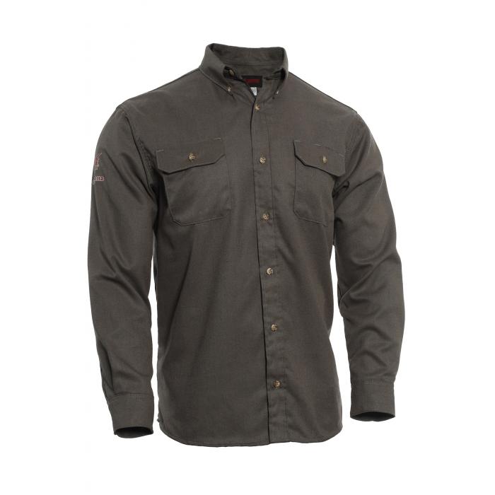 The NSA 8 Cal DRIFIRE FR TECGEN Select Work Shirt TCG01_ _02, presented in a dark green hue, is designed with long sleeves and button-up style. This shirt includes two chest pockets with button closures and a collar. It is constructed from durable material enhanced with moisture-wicking technology, making it ideal for both outdoor activities and casual wear.