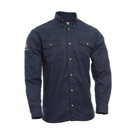 The NSA 8 Cal DRIFIRE FR TECGEN Select Work Shirt, model TCG01_ _02, in dark blue features long sleeves and two chest pockets with button closures. It is designed with flame-resistant properties and moisture-wicking technology for enhanced comfort and durability. Additional features include button cuffs and a small embroidered logo on the left sleeve.