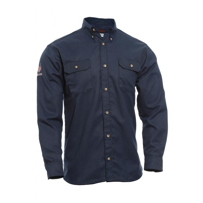 The NSA 8 Cal DRIFIRE FR TECGEN Select Work Shirt TCG01_ _02, from the brand NSA, is a dark blue long-sleeved FR work shirt featuring flap-closed chest pockets. It incorporates moisture-wicking technology and includes a small embroidered logo on the upper left sleeve.