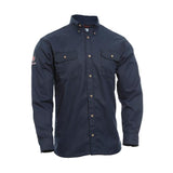 The NSA 8 Cal DRIFIRE FR TECGEN Select Work Shirt TCG01_ _02 is a long-sleeved, dark blue work shirt featuring a collar and two buttoned chest pockets. It incorporates moisture-wicking technology and is adorned with red logo embroidery on the upper left sleeve.