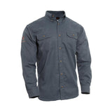 The NSA 8 Cal DRIFIRE FR TECGEN Select Work Shirt (TCG01_ _02) is a dark grey, long-sleeved button-up work shirt with buttoned chest pockets and a collar. It includes moisture-wicking technology, features the branding logo on the right sleeve, and has a casual design.