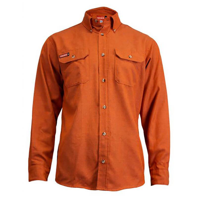 The NSA 8 Cal DRIFIRE FR TECGEN Select Work Shirt TCG01_ _02 is an orange, long-sleeve button-up shirt featuring two chest pockets with buttoned flaps. Displayed against a white background, this work shirt combines style with essential arc flash protection, ensuring both durability and practicality in demanding environments.