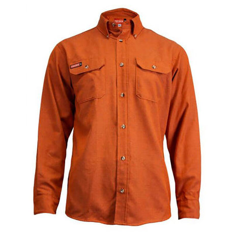 The NSA 8 Cal DRIFIRE FR TECGEN Select Work Shirt TCG01_ _02 is a long-sleeve, arc flash-protected orange button-up shirt featuring two chest pockets with buttoned flaps. For added safety, it includes a collar with buttoned tips and is showcased against a plain white background.