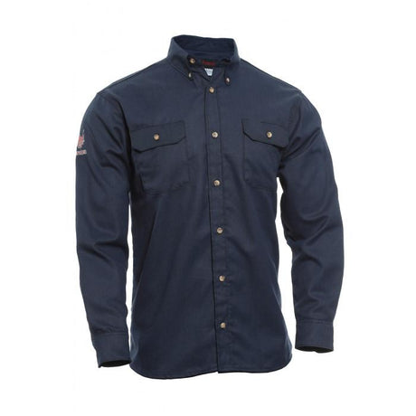 Introducing the NSA TECGEN SELECT FR Work Shirt in Navy, a long-sleeved button-up designed with two chest pockets and button closures, featuring moisture-wicking technology. This work shirt includes a collar and a small logo on the left sleeve, providing style and functionality for demanding environments.