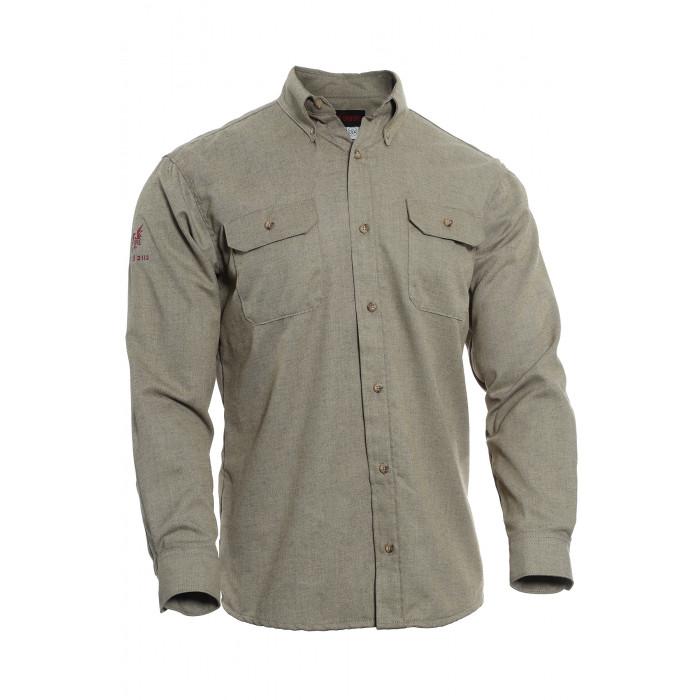 The NSA 8 Cal DRIFIRE FR TECGEN Select Work Shirt, model TCG01_ _02, is a khaki long-sleeve work shirt featuring two chest pockets with button flaps. It includes a collar, buttoned cuffs, and an embroidered logo on the left sleeve. Enhanced with moisture-wicking technology for comfort in demanding conditions.