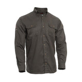 Front view of the NSA 8 Cal DRIFIRE FR TECGEN Select Work Shirt TCG01_ _02 from NSA, showcasing a long-sleeve design in dark green with two buttoned chest pockets and a folded collar. Made from durable fabric, it includes moisture-wicking technology, perfect for outdoor activities.