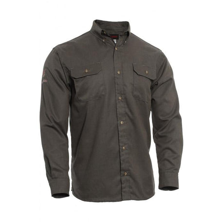 Displayed on a plain background, the NSA TECGEN SELECT FR Work Shirt in navy features long sleeves and a button-up design with two chest pockets and buttons. This shirt, designed by NSA, includes a collar and incorporates moisture-wicking technology to ensure comfort and safety on the job.