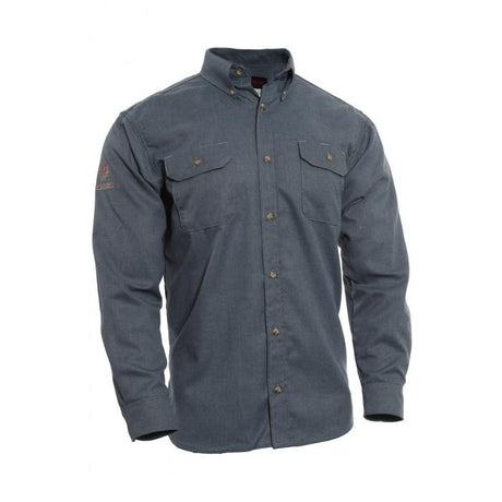 The NSA 8 Cal DRIFIRE FR TECGEN Select Work Shirt TCG01_ _02 is a long-sleeved, button-up shirt in dark gray, featuring two front chest pockets with buttoned flaps and an embroidered logo detail on the left sleeve. It is designed with arc flash protection and showcases a classic collar, lending it a rugged appearance.