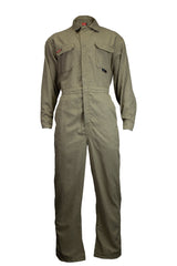 NSA's 8 Cal TECGEN SELECT FR Coverall, model TCG021_08, is a green full-body garment featuring long sleeves and a buttoned front. It includes two chest pockets with flaps and comes with a collar. Designed by NSA for enhanced safety, this coverall is made from flame-resistant fabric to ensure durability without any visible branding or logos.