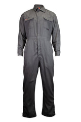 NSA 8 Cal TECGEN SELECT FR Coverall TCG021 _08 displayed on a white background, showcasing front buttons, a collar, and two chest pockets. Crafted from durable flame-resistant fabric for work environments needing protective gear, it features visible stitched details on the pockets and seams.