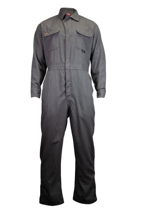 The NSA 8 Cal TECGEN SELECT FR Coverall TCG021_08 by NSA is a gray, long-sleeve flame-resistant coverall with a front zipper and two chest pockets, showcased against a white background.