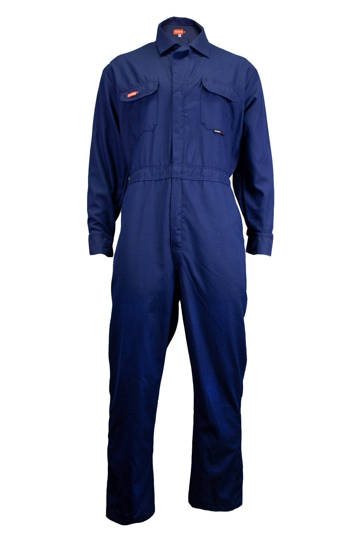 The NSA 8 Cal TECGEN SELECT FR Coverall TCG021 _08, from the brand NSA, is showcased against a white backdrop. This blue coverall is meticulously crafted for workwear, featuring an arc rating for enhanced safety, long sleeves, a collar, two chest pockets, and a front zipper.