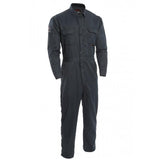 The NSA 8 Cal TECGEN SELECT FR Coverall TCG021_08 is a dark gray, long-sleeved coverall featuring a front zipper, multiple pockets on the chest and sides, and a collar. This flame-resistant workwear ensures safety on the job and is displayed against a plain white background.