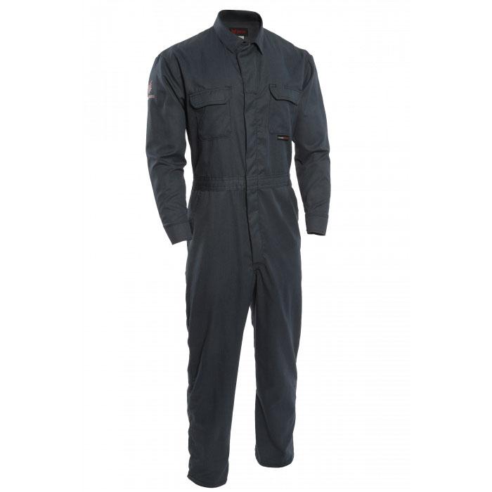 A product image of the NSA 8 Cal TECGEN SELECT FR Coverall TCG021 _08, a flame-resistant long-sleeve coverall in dark green, featuring front buttons and two chest pockets against a white background, is displayed.