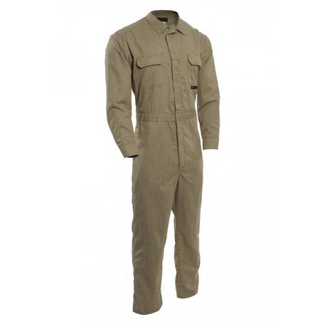 Presenting the NSA 8 Cal TECGEN SELECT FR Coverall TCG021 _08, a flame-resistant coverall designed for safety and functionality. It features long sleeves, a collar, and a front zipper, with two chest pockets equipped with flaps. This khaki-colored coverall is ideal for work or utility purposes.