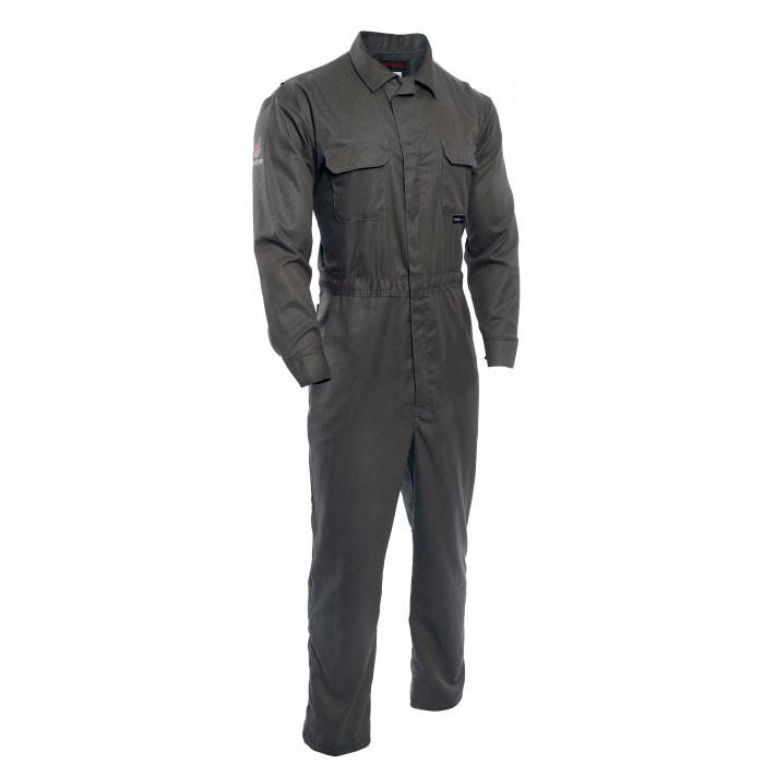 The NSA 8 Cal TECGEN SELECT FR Coverall TCG021 _08, a gray, flame-resistant workwear piece, is showcased against a plain white background. It has long sleeves, buttoned pockets, a collar, and a front zipper design tailored for utility work.