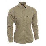 The NSA Women's TECGEN FR Work Shirt (TCGSSWN0011_ _ _) is a long-sleeved military-style shirt in olive green. It offers inherent flame resistance and features a button-up front with two chest pockets. The shirt is designed with a collar and buttoned cuffs, ensuring both safety and classic style for the modern worker.