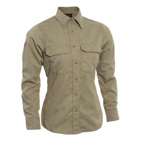 Introducing the NSA Women's TECGEN FR Work Shirt in olive green, a long-sleeve button-up featuring two front pockets and a subtle embroidered detail on the upper sleeve. This shirt offers a classic collar, tailored fit, and is crafted with moisture-wicking fabric for enhanced comfort.