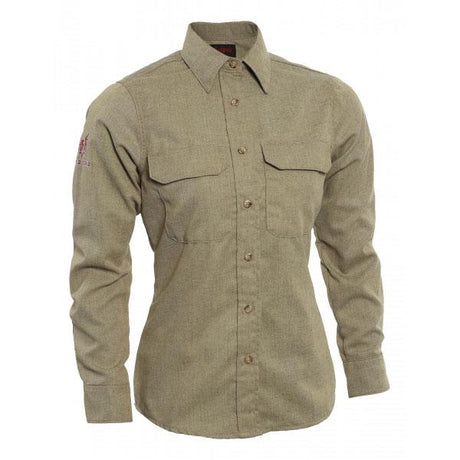 The NSA Women's TECGEN FR Work Shirt in olive green boasts two chest pockets and buttoned cuffs. This long-sleeve button-up shirt is adorned with embroidered text on the upper left sleeve and is crafted to be inherently flame resistant, providing safety while maintaining a stylish appearance.