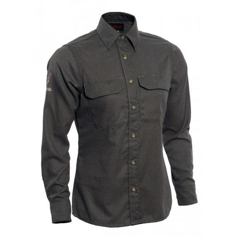 The NSA Women's TECGEN FR Work Shirt TCGSSWN0011 is a long-sleeved shirt in dark green, featuring two chest pockets and a classic collar. Designed for style and functionality, it has buttons down the front alongside stitching details on the sleeves and shoulders, made with inherently flame-resistant fabric.