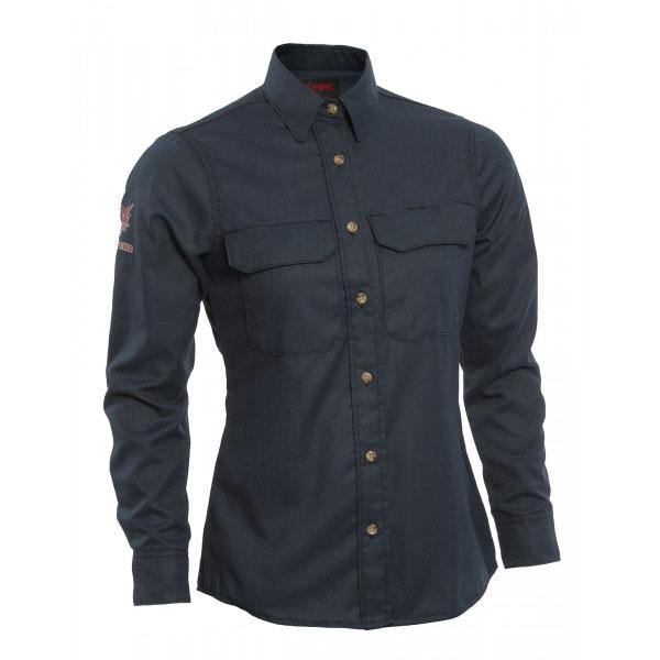 The NSA Women's TECGEN FR Work Shirt, TCGSSWN0011, in dark green, is a customized button-up that includes embroidered logos on the sleeves. It features long sleeves and two chest pockets, providing both inherent flame resistance and moisture-wicking properties for enhanced comfort and safety.