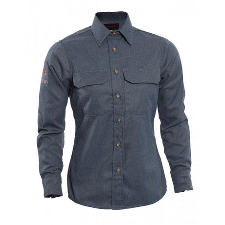 The NSA Women's TECGEN FR Work Shirt offers a long-sleeve design in dark grey with two chest pockets and a collar. It features brown buttons, a subtle logo on one sleeve, and is made from textured, durable fabric that is inherently flame-resistant.