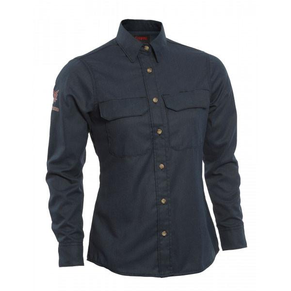 NSA Women's TECGEN FR Work Shirt TCGSSWN0011 is a dark green, long-sleeve button-up shirt featuring two chest pockets and brown buttons. It is crafted from sturdy, inherently flame-resistant fabric and includes a classic collar with embroidery on the upper sleeve.